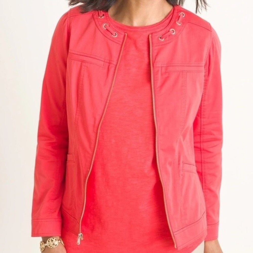 Chico's Women's Twill Grommet Neck Full Zip Up Jacket Bright Coral Red Size 0